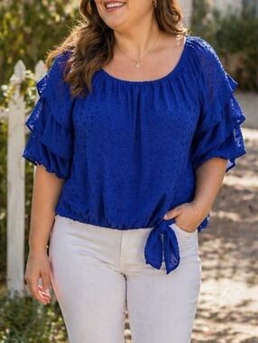 CeCe Royal Blue Swiss Dot Off Shoulder Top Ruffle Sleeve Tie Hem Blouse